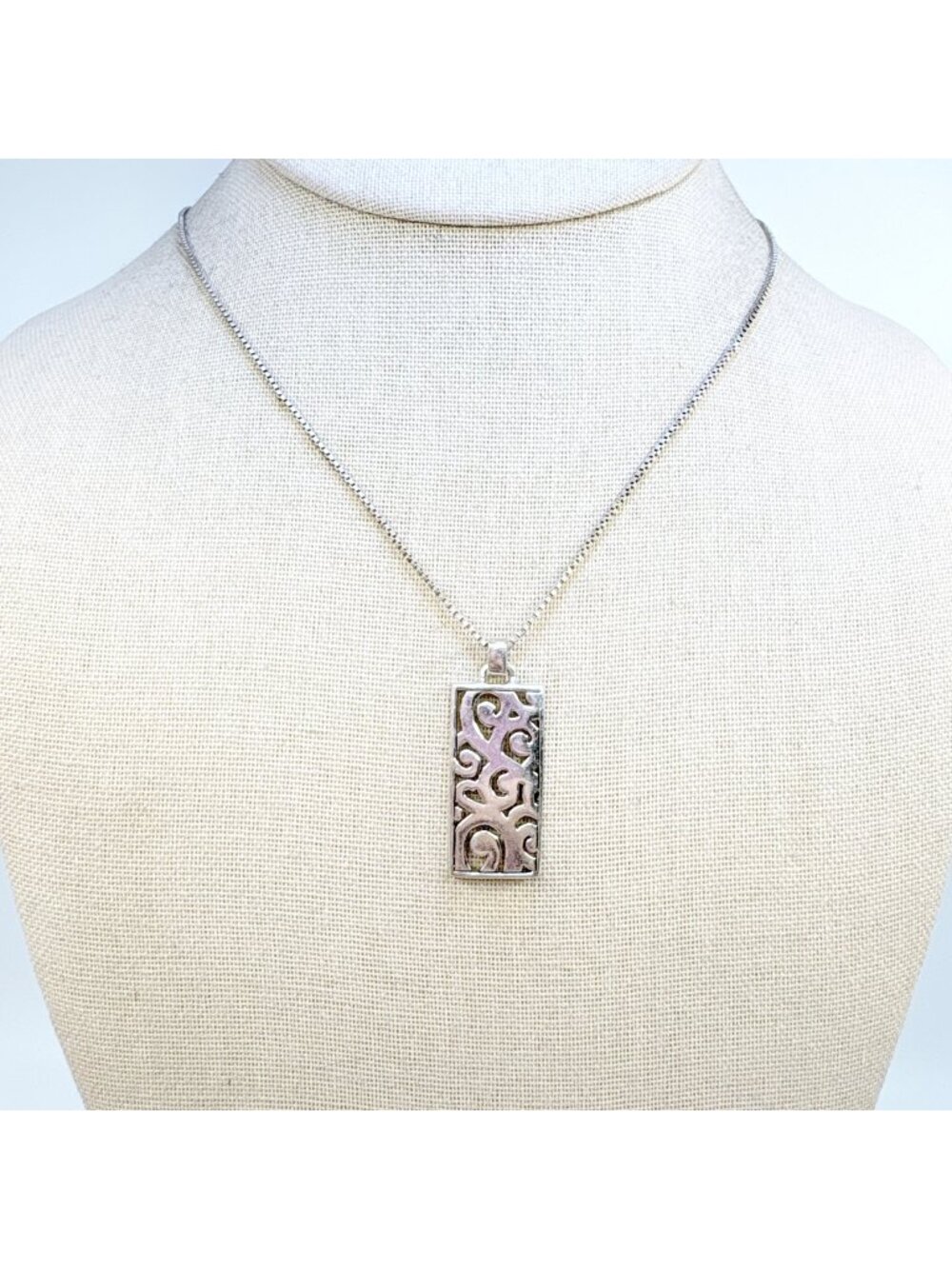 Scroll Design Rectangle Pendant Necklace Sterling Silver 925 Size 21.5" Length